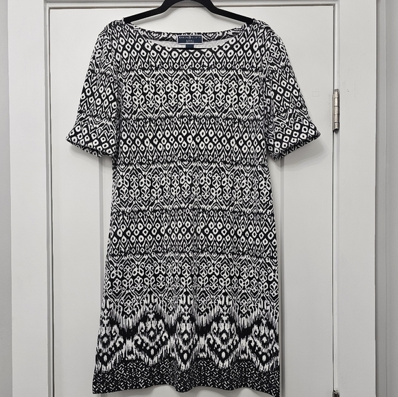 Karen Scott Sport Petites Black White Print Short Sleeve Dress Petite Large - Picture 2 of 7